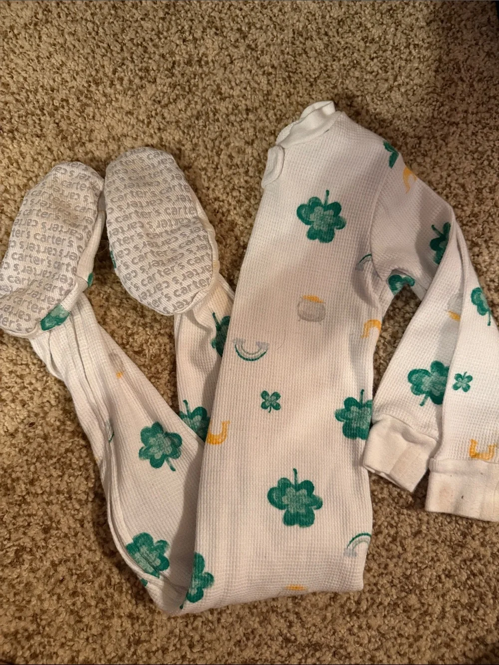 Carter's White Footed One-Piece with Green Shamrocks and Yellow Luck Accents